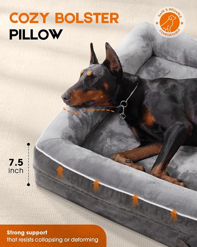 Upvilla Orthopedic Dog Bed XL, Four-Sided Dog Sofa, Washable Cover, Gray | Removable Waterproof Dog Bed Cover, Egg-Crate Orthopedic Foam, Built-In Carry Handle, Indoor Large Pet Beds, Cat Beds