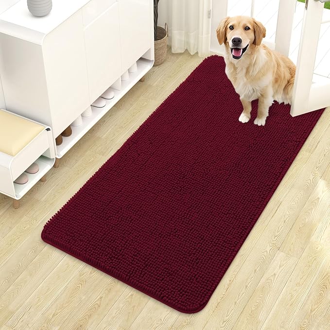 OLANLY Dog Door Mat for Muddy Paws 44x24, Absorbs Moisture and Dirt, Absorbent Non-Slip Washable Doormat, Quick Dry Chenille Mud Mat for Dogs, Entry Indoor Entryway Carpet for Inside Floor, Burgundy