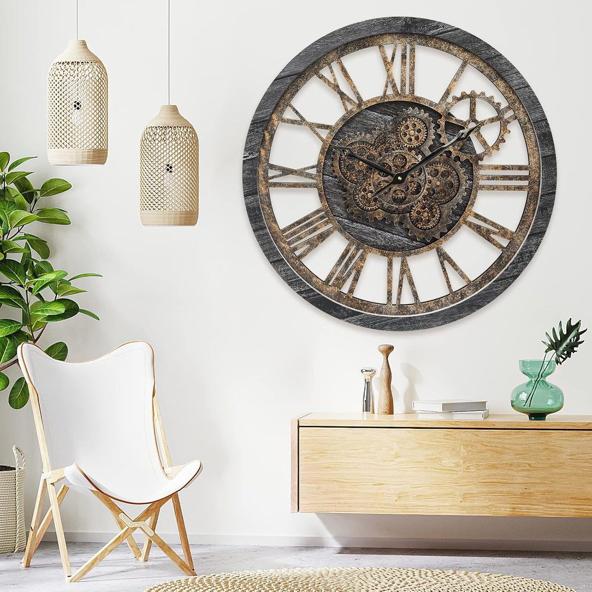 HOIBAI Wall Clock, Large Wall Clocks for Living Room Decor 18 Inch Battery Operated Silent Non-Ticking Modern Farmhouse Vintage Roman Big Wall Clock for Home Bedroom House Office, Moving Gears Clock