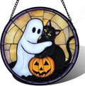 Stained Glass Window Hanging - Halloween Decorations Cute White Ghost Black Cat Suncatcher for Doors Garden Spooky Sun Catchers Gothic Decor Horror Gifts for Women Men Friend Boy 7.8 in