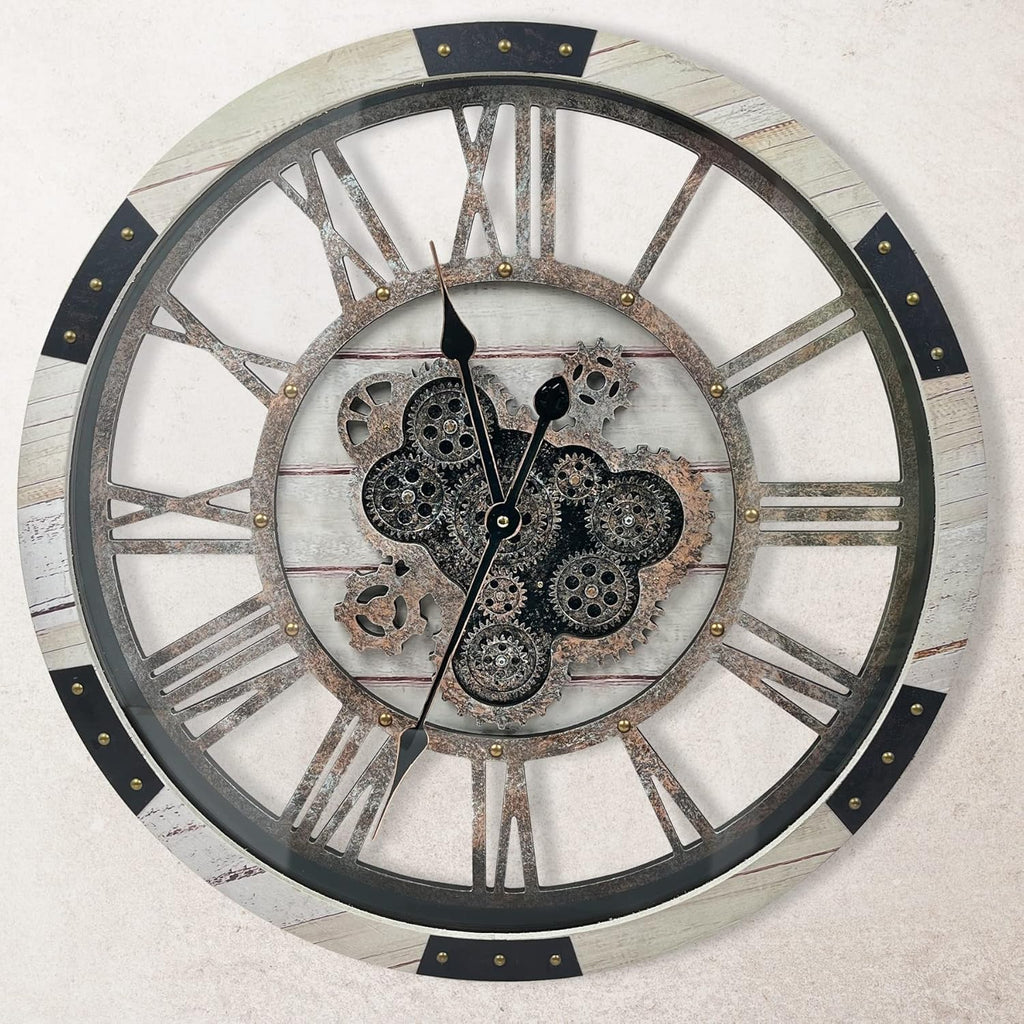 DORBOKER 30" Large Wall Clock Moving Gears,Oversized Industrial Rustic Farmhouse Clocks for Living Room Decor Office Home, Solid Wood Retro Metal HD Tempered Glass Cover,Desert Beige