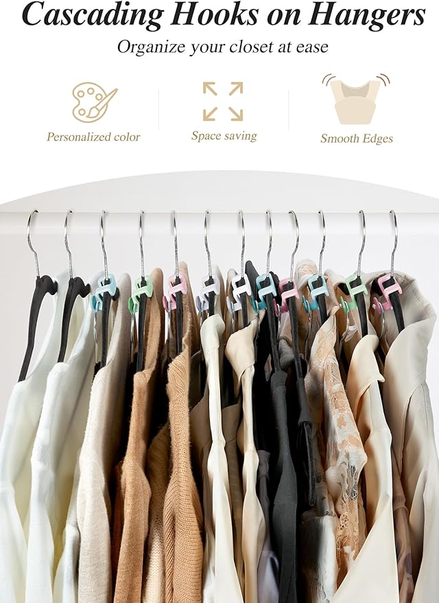 HOUSE DAY Closet Organizers and Storage 60 Pack, Space Saving Hanger, College Dorm Essentials for Girls, Multicolored Clothes Hangers Connectors, Dorm Rooms Space Saver Multicolored