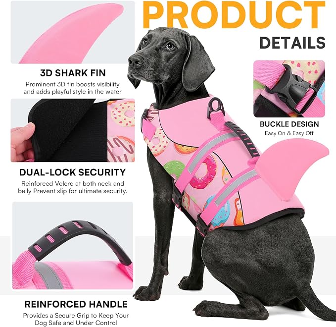 Dog Life Jacket, Dog Life Vest for Swimming, Doggie Shark Swimming Vest with Rescue Handle, Adjustable Reflective Pet Lifesaver Preserver for Small Dogs, Pink Donut XS
