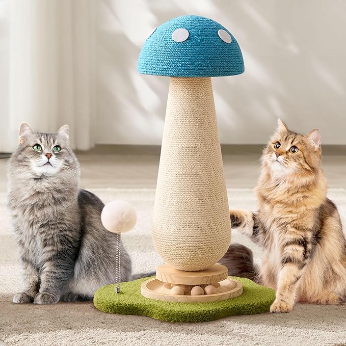 Mushroom Cat Scratching Post Cat Tree, 21.5‘’ H Cute Cat Scratcher Tower with Durable Solid Wood Turntable Toy, Mushroom Scratch Post Cat Sisal Scratcher with Catnip for Indoor Adult Cats-Blue