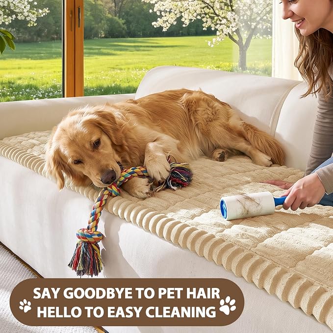 FUANGUI 2 Pack Waterproof Couch Cover for Dogs Pets Sofa Protector | Non-Slip Washable Fuzzy Soft Sofa Slipcover for 2 PCS L Shaped Sofa Pet Friendly, 27.6" x 70.9"+27.6" x 82.7",Khaki