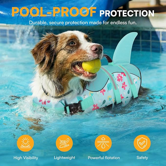Dog Life Jacket, Dog Life Vest for Swimming, Medium Dogs Shark Safety Vest Adjustable Preserver with High Buoyancy, Pet Lifesaver for Medium Dogs, Blue Flower M