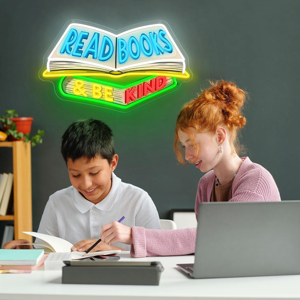SELICOR Read Books & Be Kind Neon Signs for Wall Decor-Teacher Appreciation Gift,Adjustable LED Book Neon Light Up Sign for Reading Room Study Room Classroom Bookstore Library Museum Cafe Bedroom