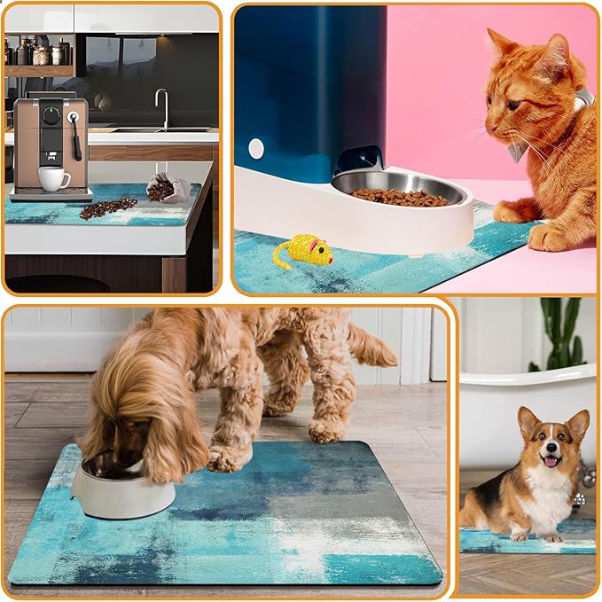 Dog Food Mats for Floors Absorbent, Cat Food Mat - Pet Cat Feeding Mat Quick Dry, Dog Bowl Mats for Water, Pet Supplies Feeding Placemat 12" x 20" Tie-Dye Blue