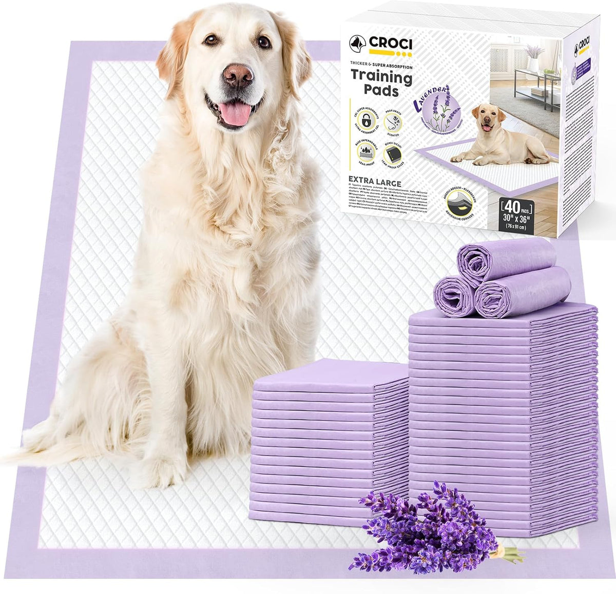 CROCI Dog Pads Extra Large 30x36in, Puppy Pads with Adhesive Tabs Super Absorbent Up to 10 Cups, Disposable (40 Counts)