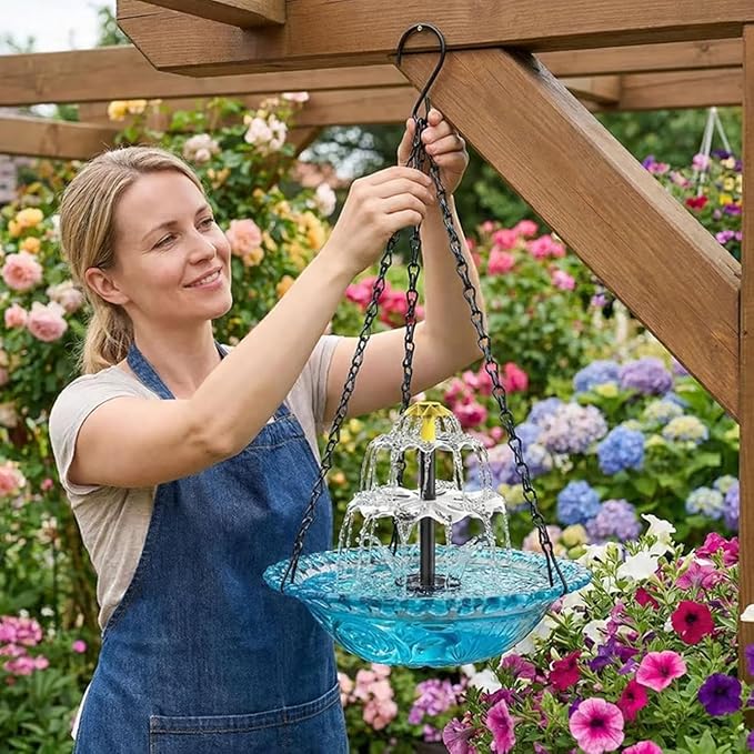 Solar Fountain for Bird Bath，Solar Cascade Hanging Bird Bath Fountain，Large Humming Birds Baths Fountains, with Solars Pump & Glass Bowl, for Outdoor, Gardens (Blue)