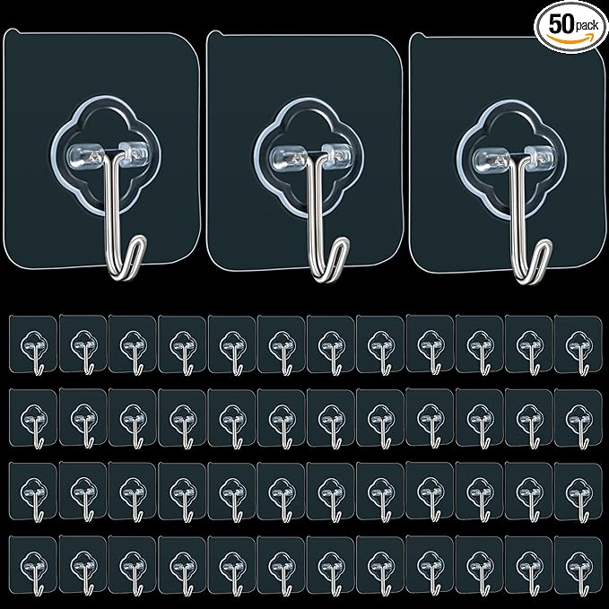 Adhesive Wall Hooks for Hanging, 50 Pack Heavy Duty Stainless Self Sticky Hooks, Waterproof and Rustproof Clear Self Adhesive Utility Hooks for Bathroom Kitchen Office Outdoor Inside Wardrobe Towel
