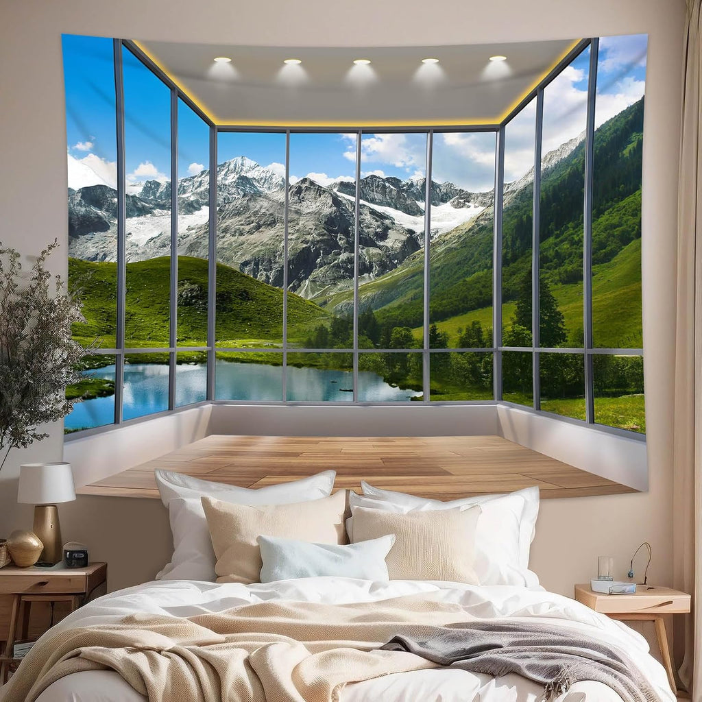dueeia Window Tapestry Wall Hanging Mountain Forest Lake Nature Landscape Wall Tapestries for Bedroom Office Living Room Wall Decor (90.6"x70.9")