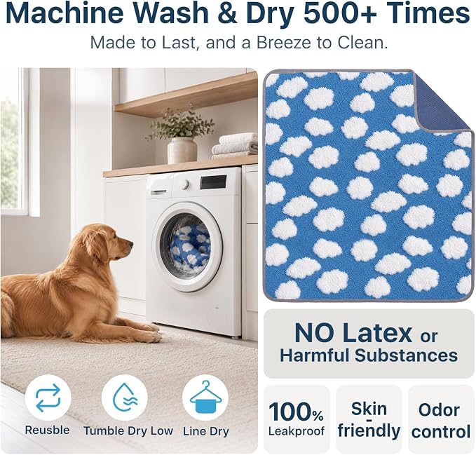 LOOBANI 4 Pack Washable Pee Pads for Dogs, Floor, 30"x34",Blue | Fast Absorbent Reusable Dog Mat, Non-Slip & Waterproof Pet Whelping Pads For Puppy Playpen, Whelping Box, Potty Training