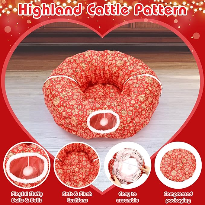 Cat Tunnel Bed Under Christmas Tree 36'' Kitten Circle Donut Tunnel Skirt with Ball Mat Decorative Xmas Folding Home Kitty Guard Tube Holiday Party Indoor Pet(Red Gold,Snowflake)