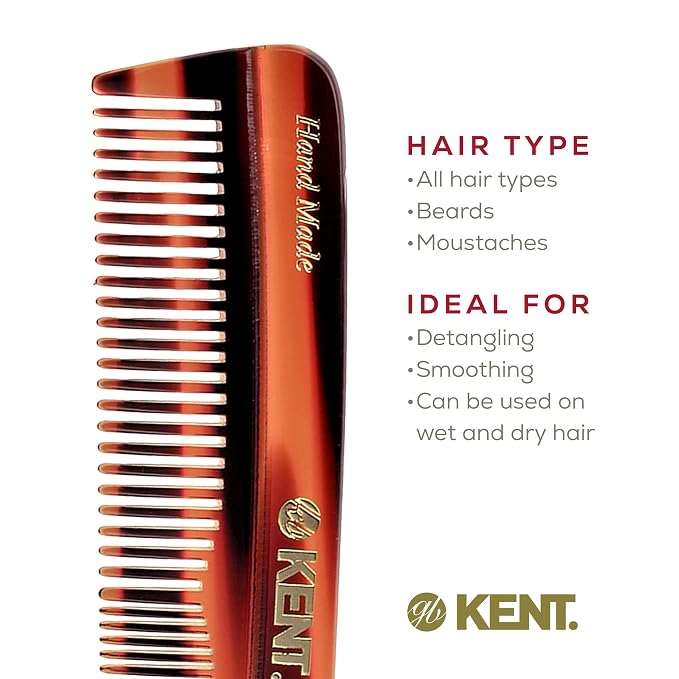Kent R7T Double Tooth Pocket Comb, Small/Wide Grooming Comb for Hair, Beard, Mustache, and All Ages - Coarse/Fine Saw Cut, Hand Polished. Handmade in England