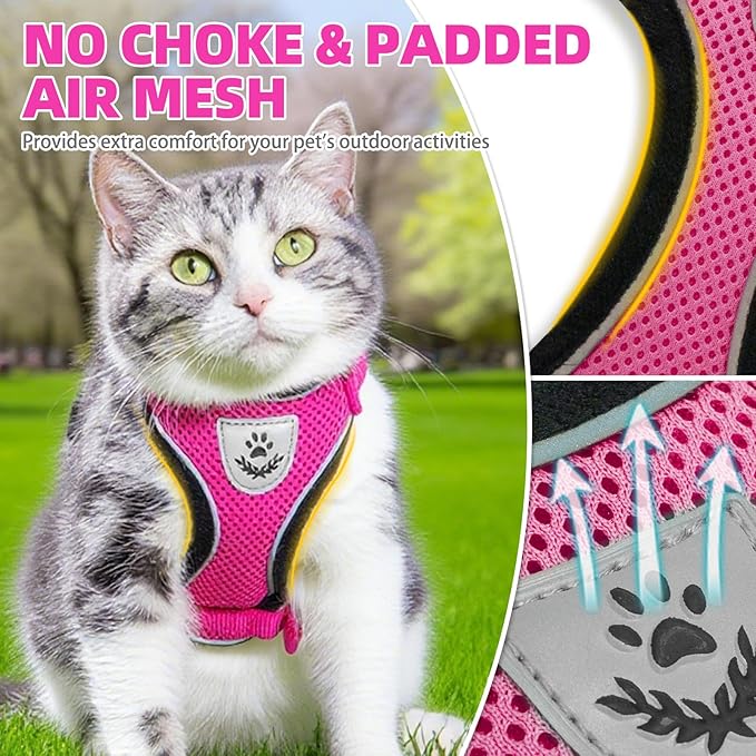 PUPTECK Cat Harness and Leash Set Escape Proof Reflective Cat Walking Harness Adjustable Soft Breathable Mesh Vest for Small Pets, Deep Pink, M