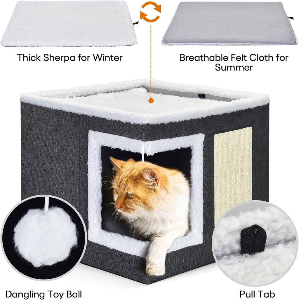 petizer Cat Bed for Indoor Cats, Large Covered Cat House with Scratch Pad, Foldable Cat Cave Bed & Hideaway Cube with Reversible Cushions, Cute Cat Condo for Multi Small Pet Kitten (Blue)