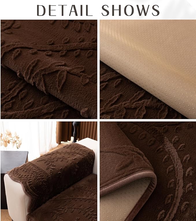 Fuzzy Rabbit Plush Sofa Cover Cozy Warm Sofa Couch Covers with 3D Jacquard Leaf Pattern Non-Slip Easy-to-Install Shaggy Sofa Slipcover Prefect for Kids Dogs Cats Cats(Caramel,36"x102")