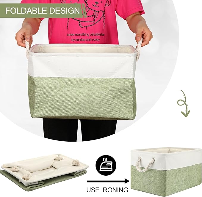 meekoo 8 Pack Collapsible Storage Bins Fabric Storage Bins Polyester Fabric Baskets with Handles Linen Closet Organizer for Shelf Home Closet Towels Toys(15 x 11 x 9.5 in,Green White)
