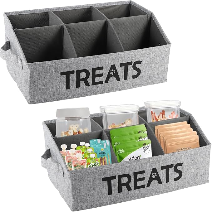2pack Dog Storage Organizer,Dog Treat Container Bin for Countertop,Collapsible Cat Treats Container with Dividers,Dog Treats Station for Treats Stick/Canned Food/Bagged Snacks-Black