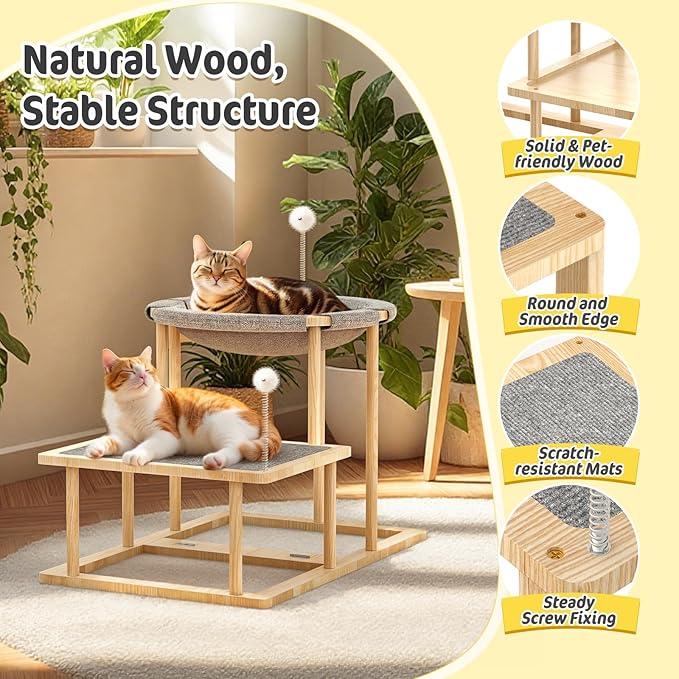 Pawaboo Elevated Cat Hammock Bed, 2-Tier Cats Bed with 2 Teasers, Wooden Cats Furniture with Kitten Scratching Mat,Double Cat Beds Interactive Stair Shaped Pet Hammock for Indoor Kitties Climbing