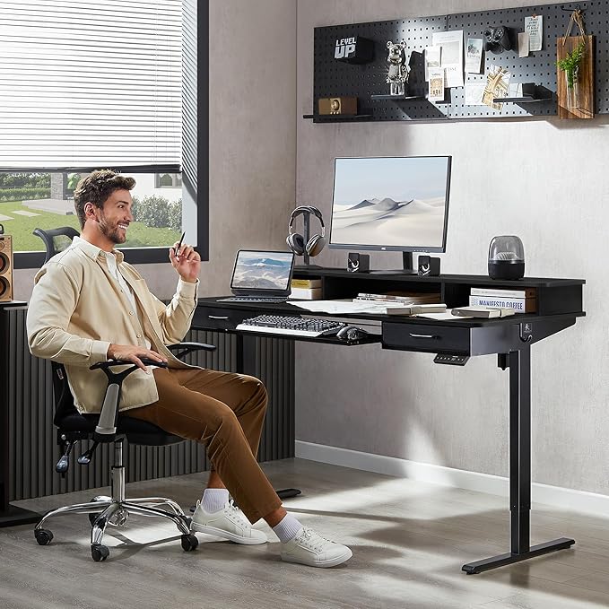 63x24 Inches Electric Standing Desk with Keyboard Tray, Height Adjustable Stand up Desk with 2 Drawers, Ergonomic Sit to Stand with Storage Monitor Stand, Computer Table, Black