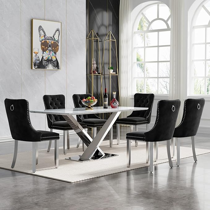 Goujxcy 70" Faux Marble Dining Table Set for 6, 7-Piece Dining Set with White Silver Kitchen Table and 6 Velvet Tufted Chairs, Modern Rectangular Dining Room Table with X-Shape Stainless Steel Base