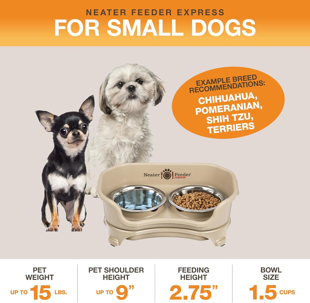 Neater Feeder Express Mess Proof Dog Bowls Elevated for Small Breeds Under 15 Lb, Made in USA, No Spill Raised Dog Food Bowl Stand, Stainless Steel Food and Water Bowl Set, Feeding Station, Almond