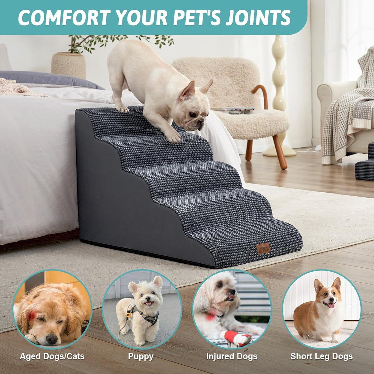 Extra Wide Dog Stairs 19.7" Width, Large Pet Step for Small Medium Dog, Puppy or Cat, Ramp for High Bed or Car, High Density Foam Ladder, Stable, 5 Step, 19.7x33x22.4 in, Dark Grey