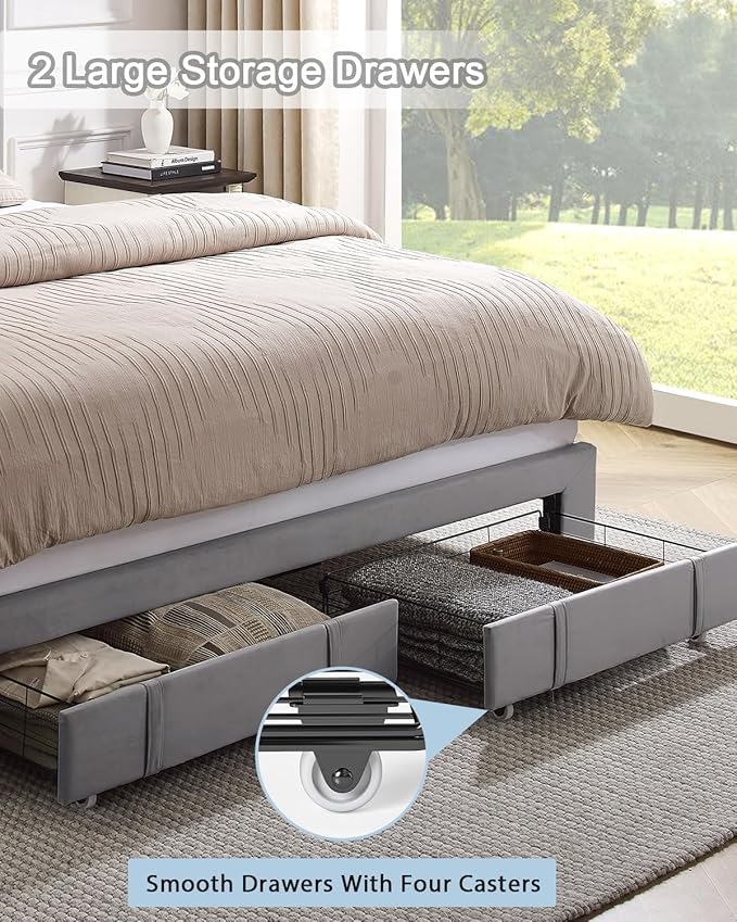 Queen Bed Frame, Velvet Upholstered LED Platform Bed with Headboard Storage, Queen Bed Built-in Charging Station with 2 Drawers, Wood Slat Support, No Box Spring Needed, Grey