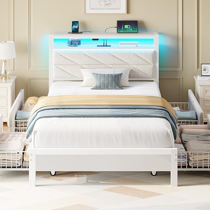 Seventable Twin Bed Frame with 4 Storage Drawers, Charging Station & LED Lights, Upholstered Headboard with 2-Tier Shelves, Metal Platform Bed, No Box Spring Needed, Noise-Free, White