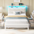 Seventable Twin Bed Frame with 4 Storage Drawers, Charging Station & LED Lights, Upholstered Headboard with 2-Tier Shelves, Metal Platform Bed, No Box Spring Needed, Noise-Free, White