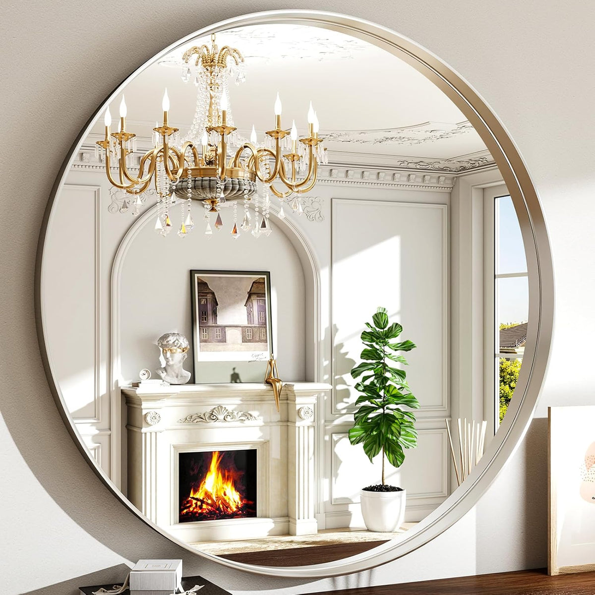36 Inch Round Bathroom Mirror - Wall Mounted Circle Mirror with Metal Frame, Modern Mirror Suitable for Bathroom, Vanity, Entryway, Living Room, Wall Decor,Silver