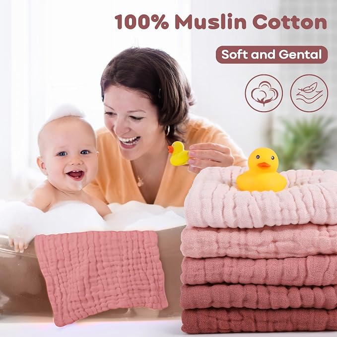 Yoofoss Muslin Baby Washcloths 100% Organic Cotton Face Towels 6 Pack Wash Cloths for Baby 12x12in Soft and Absorbent Baby Wipes (Gradient Pink)