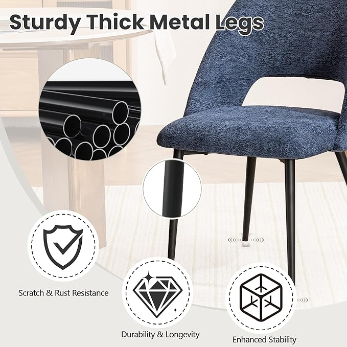 Rowill Boucle Dining Chairs Set of 4, Morden Upholstered Dining Room Kitchen Chairs with Metal Legs for Living Room, Bedroom, Restaurant, Blue