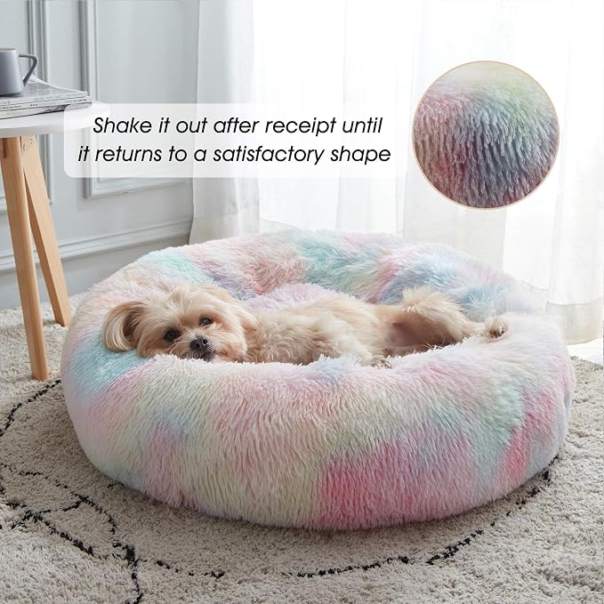Western Home Calming Donut Medium Dog Bed Washable Pet Bed,30" Rainbow | Fluffy Faux Fur Round Cuddler,Anti-Anxiety,Anti-Slip Bottom,Plush Pet Dog Beds for Medium Sized Dogs,Up to 45 LBS