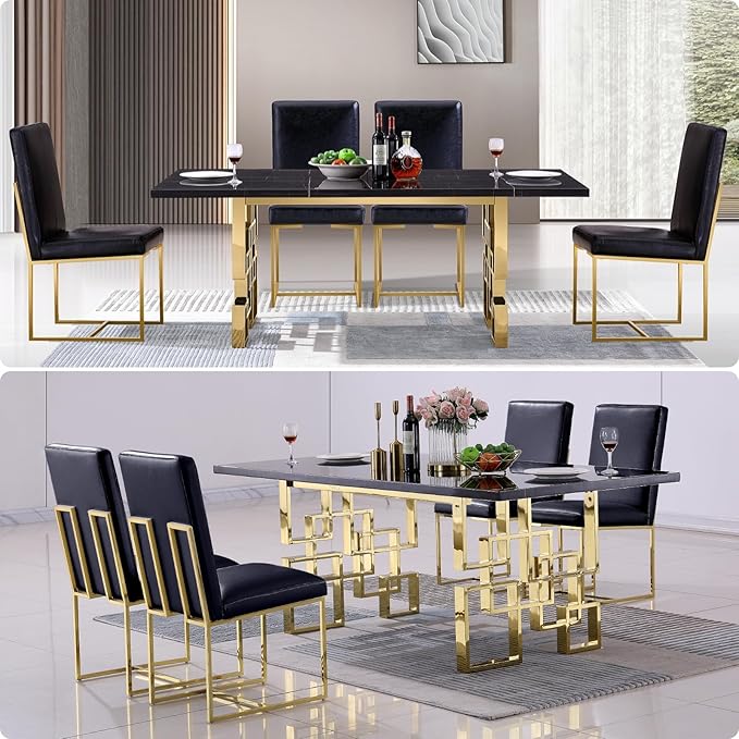 AUZ Dining Chairs Set of 8, Black Faux Leather Upholstered Dining Room Chairs with Polished Gold Stainless Steel Sled Legs