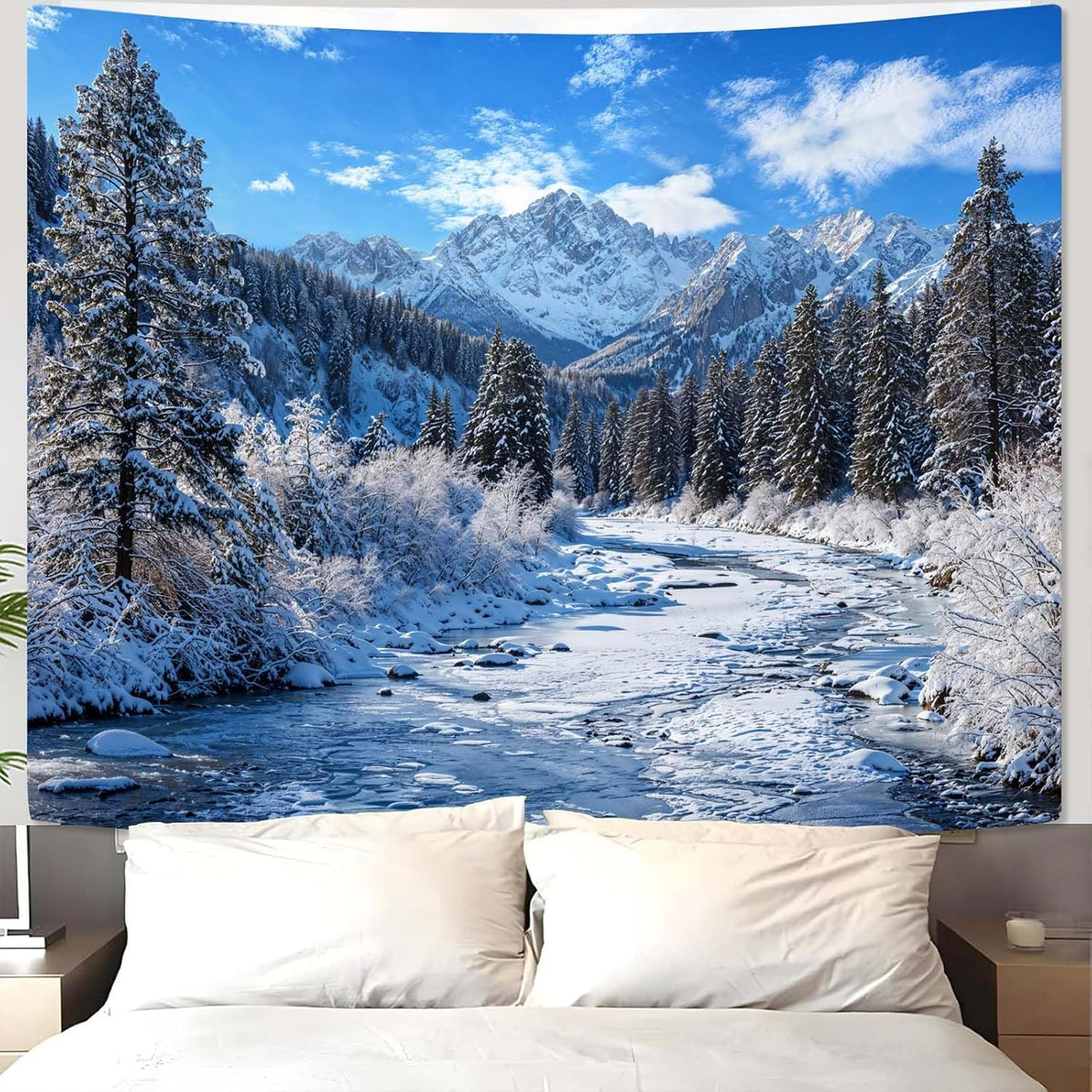 AMM Winter Forest Snow Mountain Tapestry Snowy Pine Tree Woodland Tapestry for Bedroom Aesthetic White Clouds Flowing River Landscape Tapestries Wall Hanging for Living Room Dorm Office 90 x 68 Inch