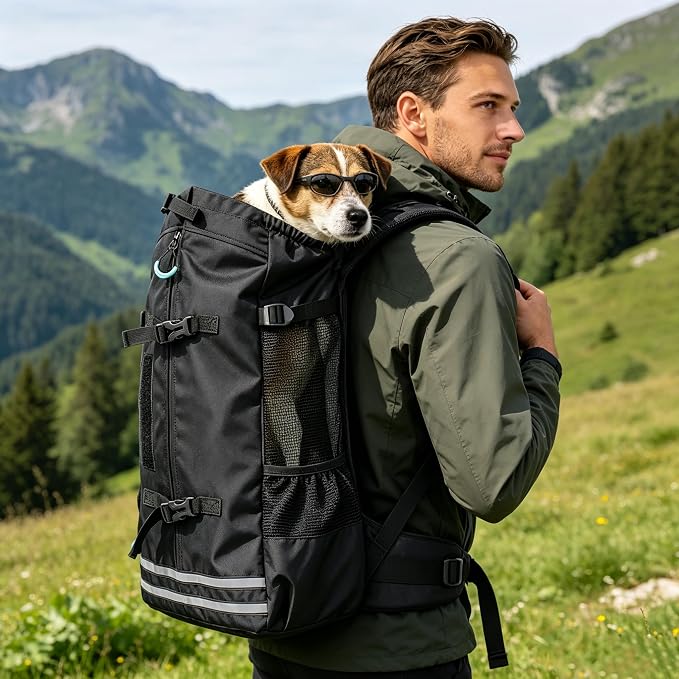 Big Dog Backpack Carrier, Black-M | Extra Large Pet Carrier for 66lbs Dogs, Fully Adjustable Water-Resistant Dog Travel Bag for Hiking Cycling Outdoor Adventures