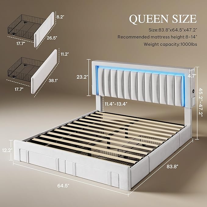 DWVO Queen Size Bed Frame with Adjustable Headboard, 4 Storage Drawers and RGB LED Lights, Velvet Upholstered Platform Bed with USB Ports, No Box Spring Needed, Fast Assembly, Noise-Free, White