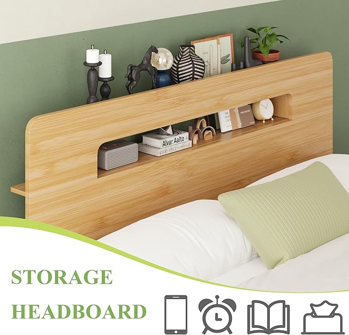ZIYOO Solid Bamboo Wood Full Size Bed Frame with Storage Headboard, 14 inch Platform Bed Frame Full No Box Spring Needed with Steel Slats, Sturdy and Stable, Easy Assembly, Noise Free