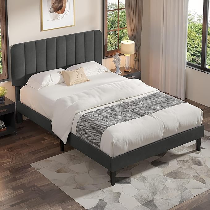 VECELO Full Size Bed Frame with Upholstered Headboard, Velvet Platform Bedframe Mattress Foundation, Strong Wood Slat Support, No Box Spring Needed,Grey