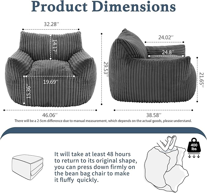 Giant Plush Bean Bag Chair for Adults with Armrests - Oversized Comfy Grey Beanbag Lounge Lazy Floor Sofa Accent Chair for Living Room, Bedroom & Dorm, Cozy Fluffy Single Cloud Mini Couch