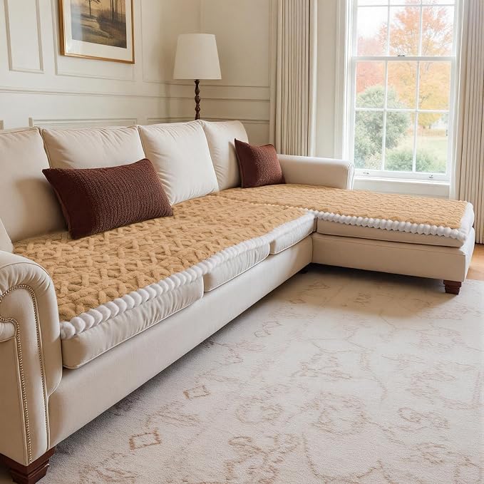 Couch Cover for Dogs, Washable Non Slip Sofa Covers for 4 Cushion Couch Pet Friendly Fuzzy Sofa Protector&Bed Mat for Pets (27.6"x94.49" Light Brown)