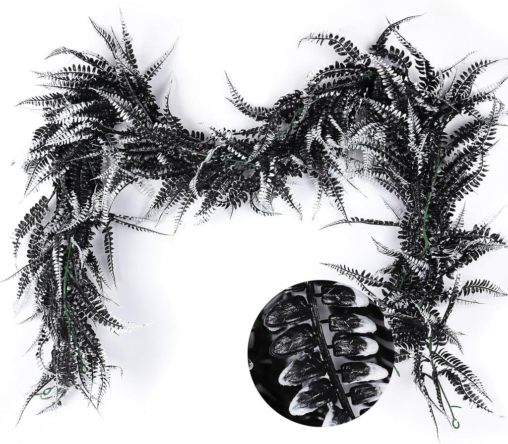 RECUTMS 2pcs Black Garland Artificial Boston Ferns 6 FT Faux Hanging Greenery UV Resistant Halloween Decor