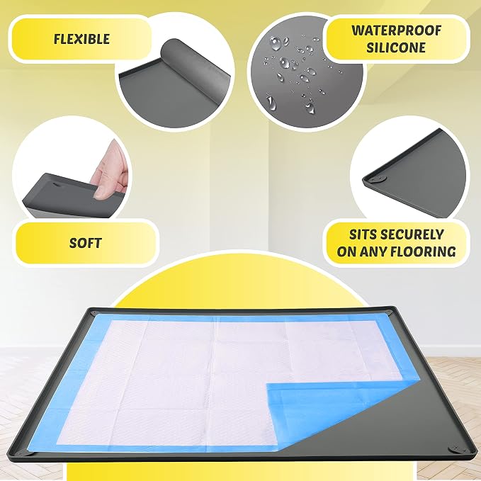 Dog Pee Pad Holder Tray Fits for 30” x 36” Pee Pads - 1 Pack - Grey | Corner Lock Holes, Raised Edges, Non-Spill, Easy to Clean Silicone Dog Potty Tray Holder, For Indoor Floor Protection