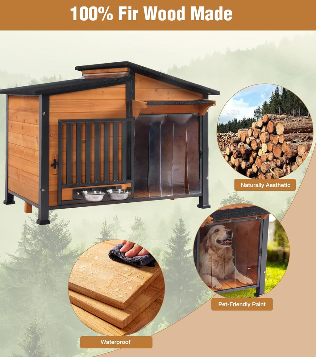 GUTINNEEN Heated Dog House Outdoor with Electric Heating Pad, Insulated Wooden Dog Kennel with 360° Rotating Feeding Bowl, Anti-Chewing Metal Frame, Natural Wood Color