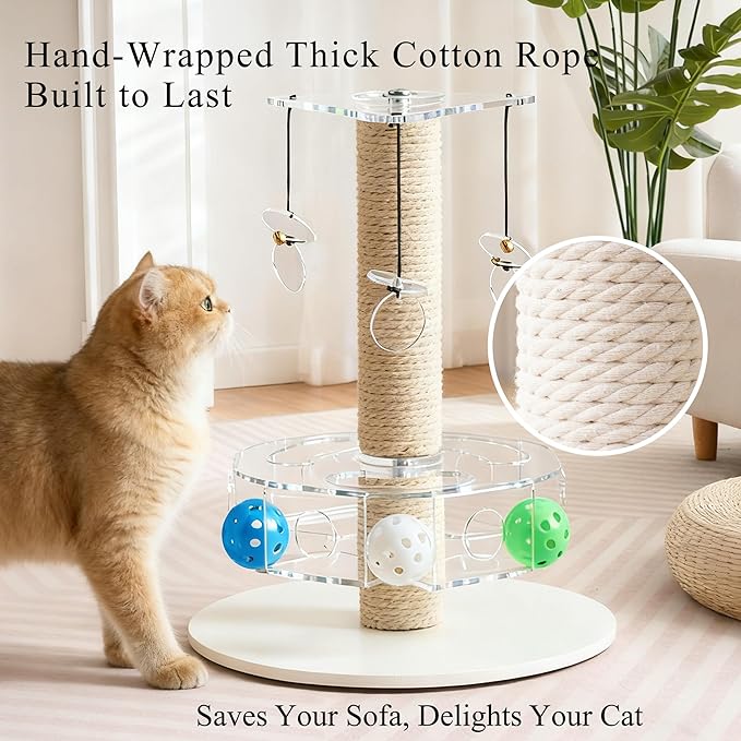 Modern 3-in-1 Interactive Cat Toy with Scratching Post, Rotating Cat Puzzle Toys for Indoor Cats with Colorful Jingle Balls, Spinning Teaser Disc with Dangling Toys, Acrylic, White