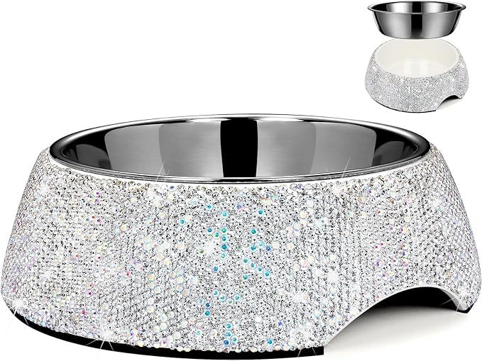 SlowVibes Bling Stainless Steel Dog Cat Bowl, Detachable, 12 oz | Rhinestone metal food or water bowl for small medium dogs and cats, rust-resistant non-slip puppy dish, sparkle pet essential