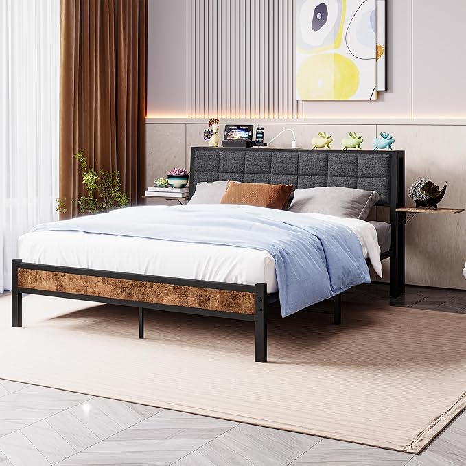Full Size Metal Bed Frame with Ergonomic Upholstered Headboard and Charging Station, Platform Bed Frame with Storage Shelves, Heavy Duty Metal Slats, No Box Spring Needed, Brown+Grey